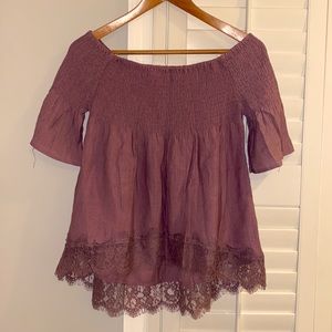 Lace smocked top burgundy Nwot S